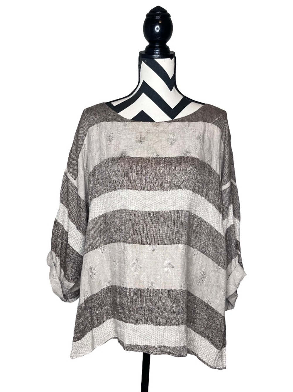 L'Orchidea 100% Linen Lagenlook Neutral Oversized Striped Tunic Top